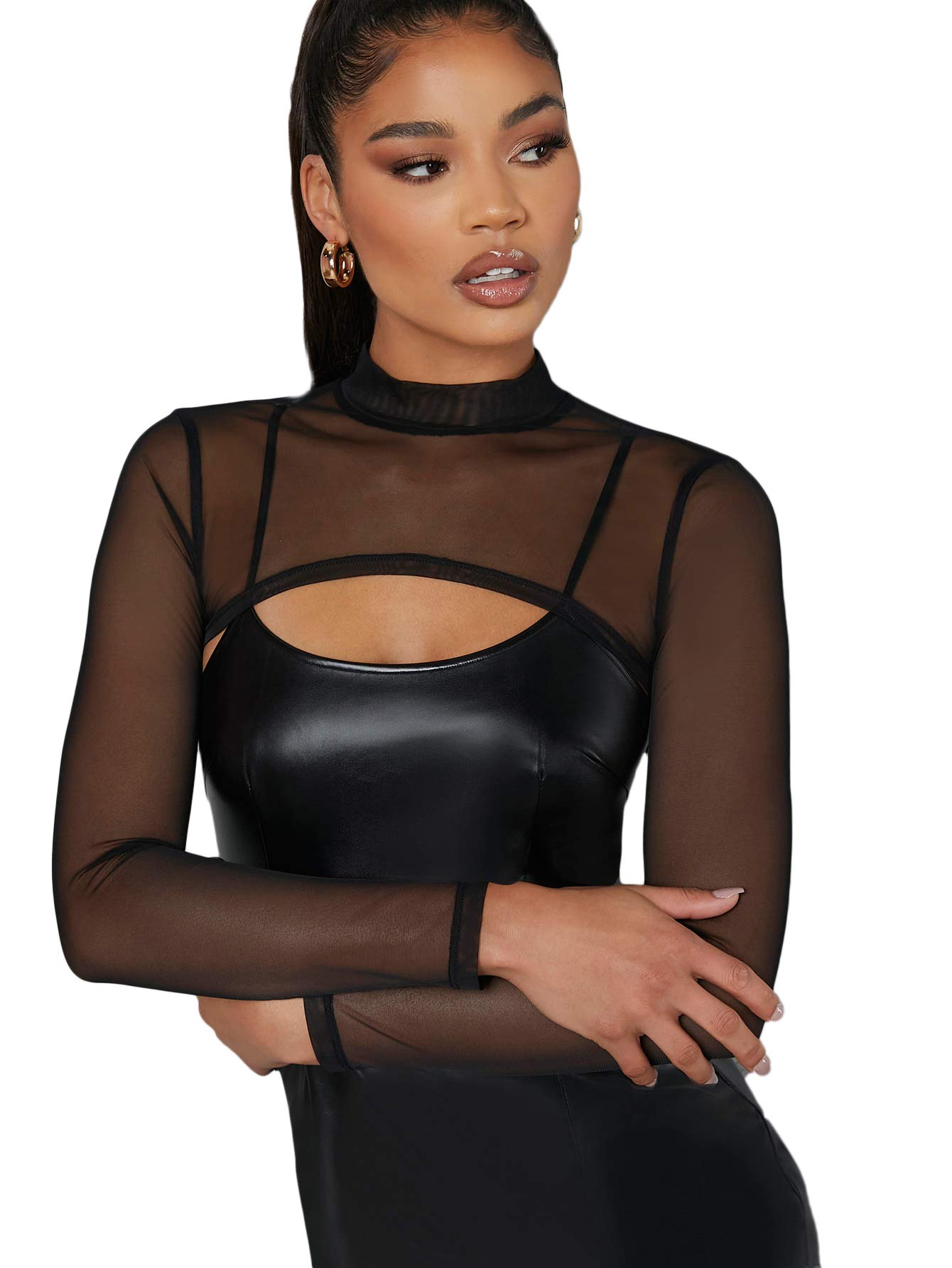 SweatyRocksWomen's Long Sleeve Mock Neck Slim Fit Sheer Mesh Crop Shirt Top