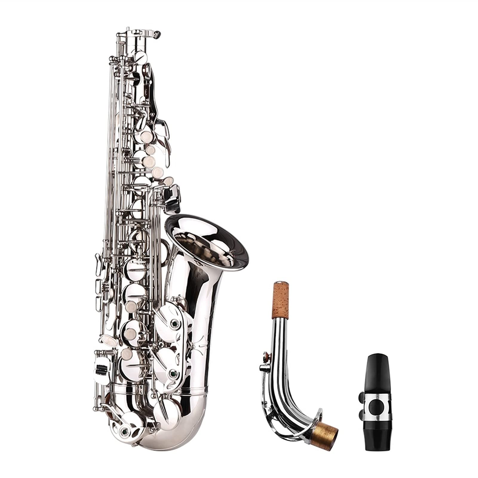 Sax Principianti Kit Sassofono Contralto EB E Sax Piatto Ottone Intagliato Modello su Superficie Bocchino in Plastica Squisito con Panno per La Pulizia dei Guanti Strumento a fiato (Color : Silver)
