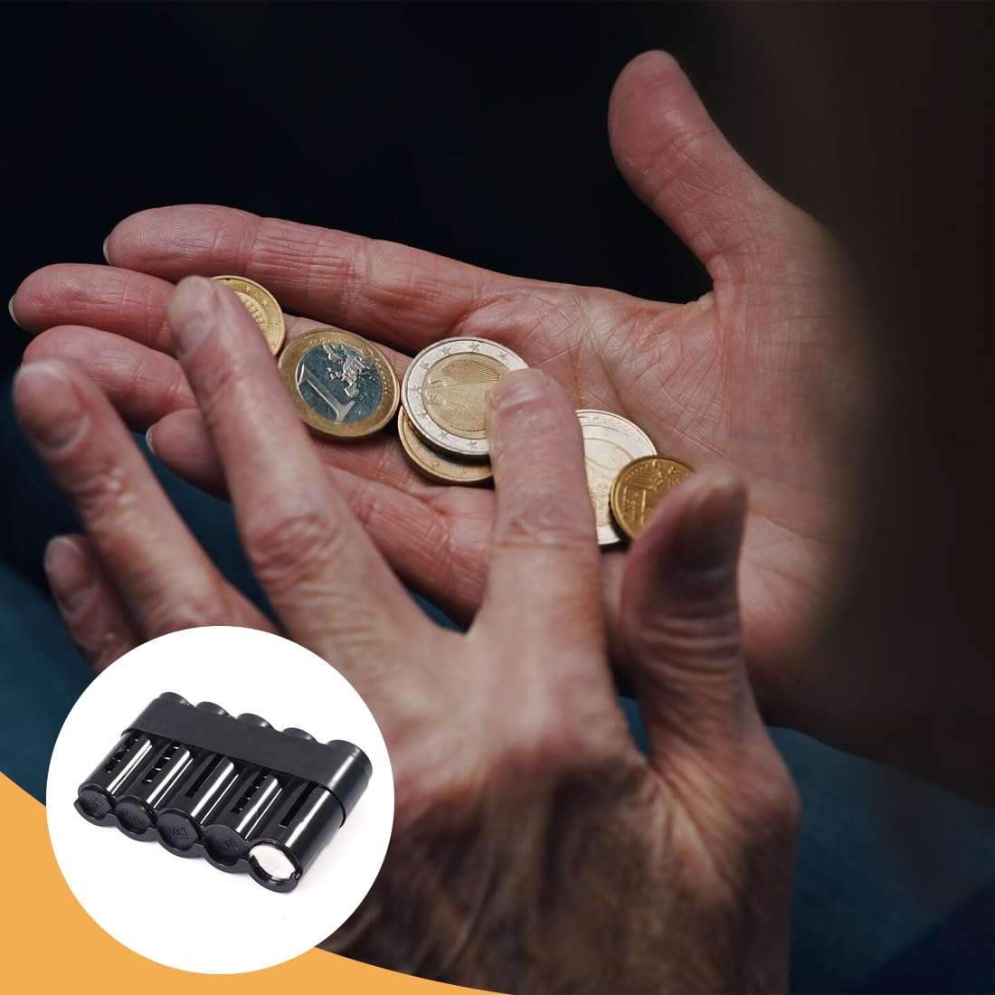 GXGM Monedero Euro,2-Piezas 5-Hoyos para Monedas,Clasificador de Monedas,Adecuado para Camareros,Conductores,Vendedores (Negro y Transparente)