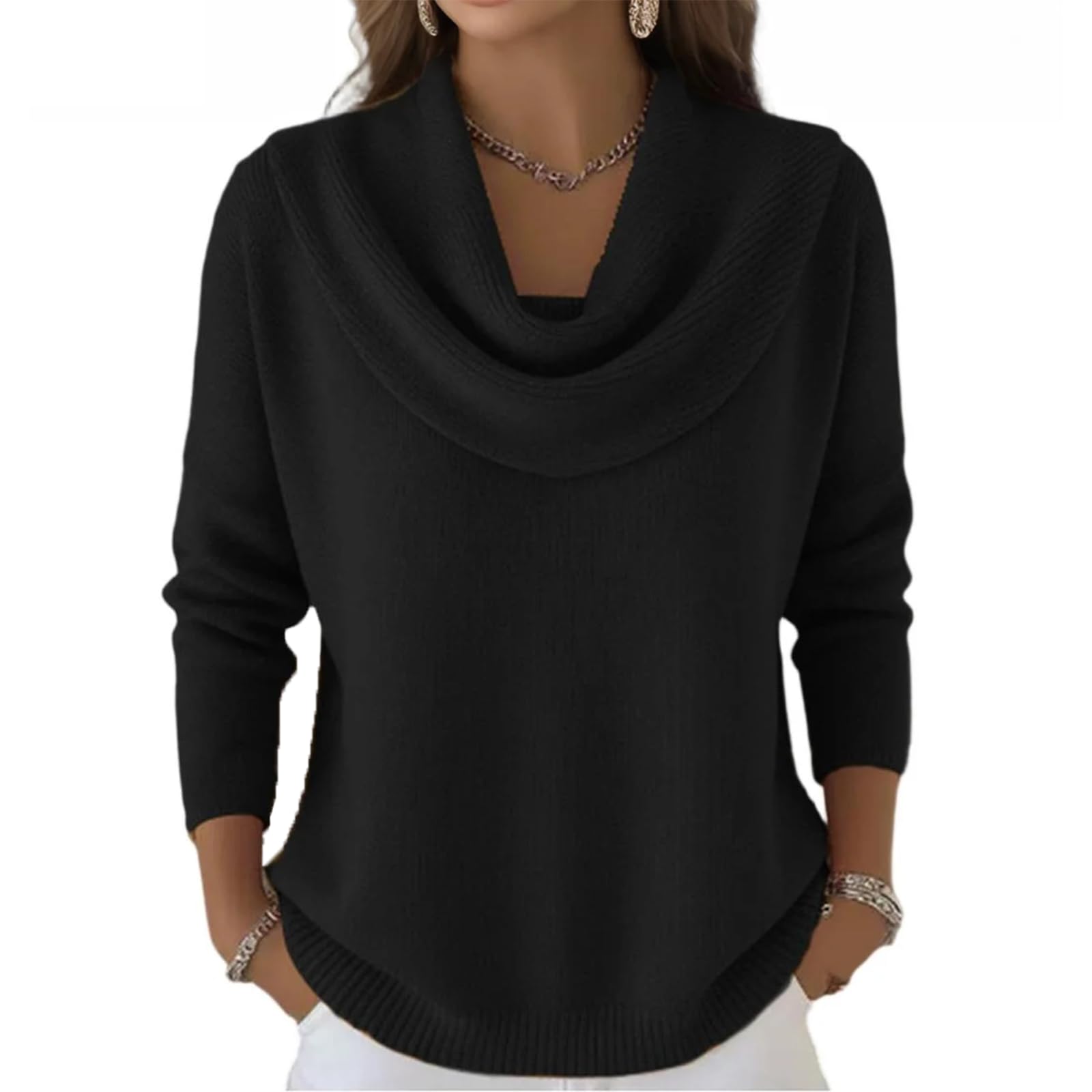 Cowl Neck Sweater for Women Long Sleeve Knit Dressy Casual Loose Cute Sweaters Trendy Vintage Warm Soft Cozy