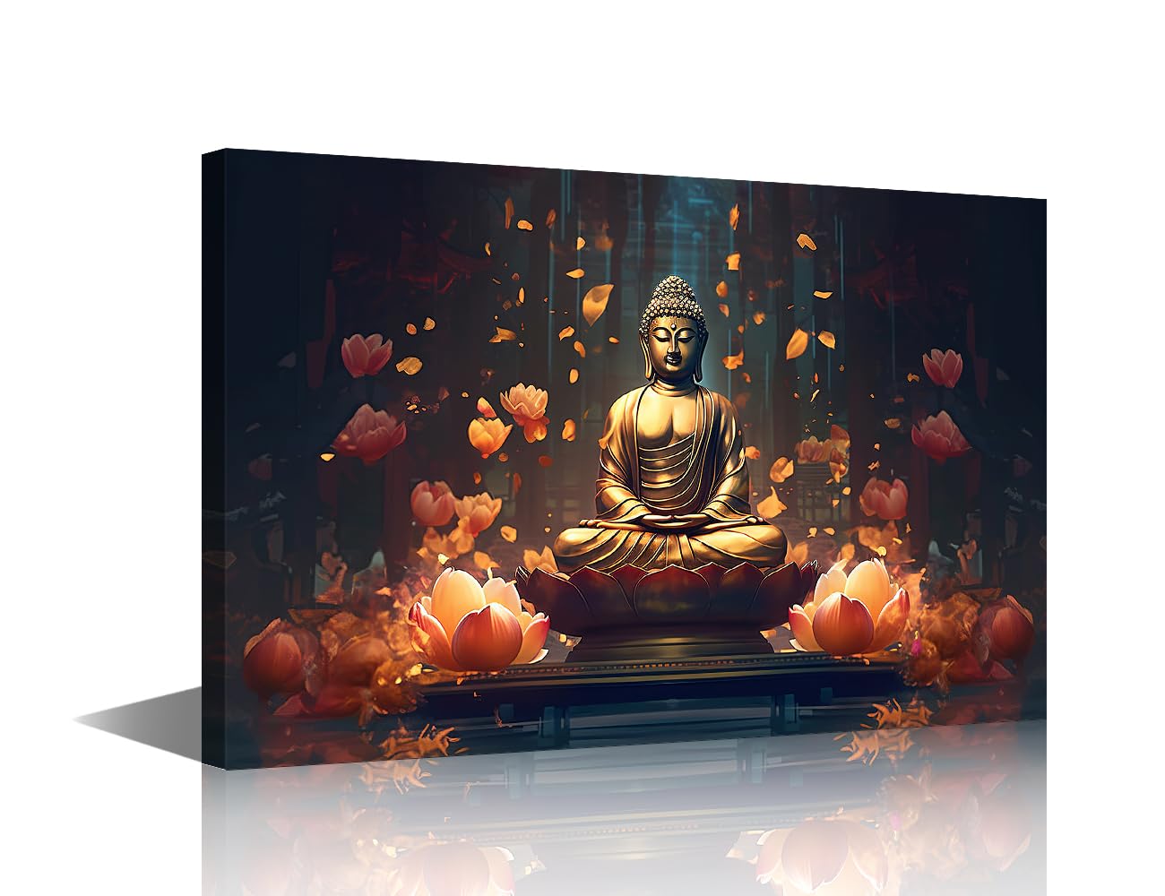 TISHIRON 1 Pieces Buddha Home Decor Wall Gold Buddha Statue Pictures Canvas Wall Art Lotus Flowers Buddha Posters and Prints Contemporary Home Decor Stretched and Framed Ready to Hang (16" Wx24 H)