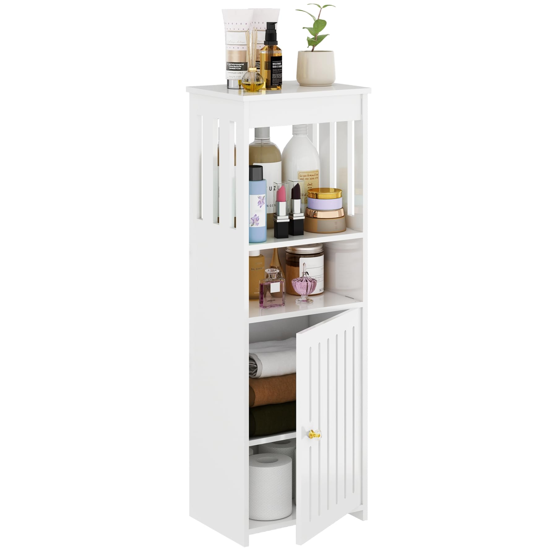 POBOMULI Narrow Bathroom Storage Cabinet, 5-Tier Slim Bathroom Organizers with Door and Open Shelf for Toilet Bathroom Small Spaces (7.9" D x 9.8" W x