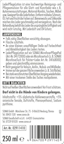 SONAX LederPflegeLotion (250 ml) wasserabweisende Lederpflege mit Bienenwachs für eine sanfte Reinigung und Pflege von Glattleder und Kunstleder | Art-Nr. 02911410