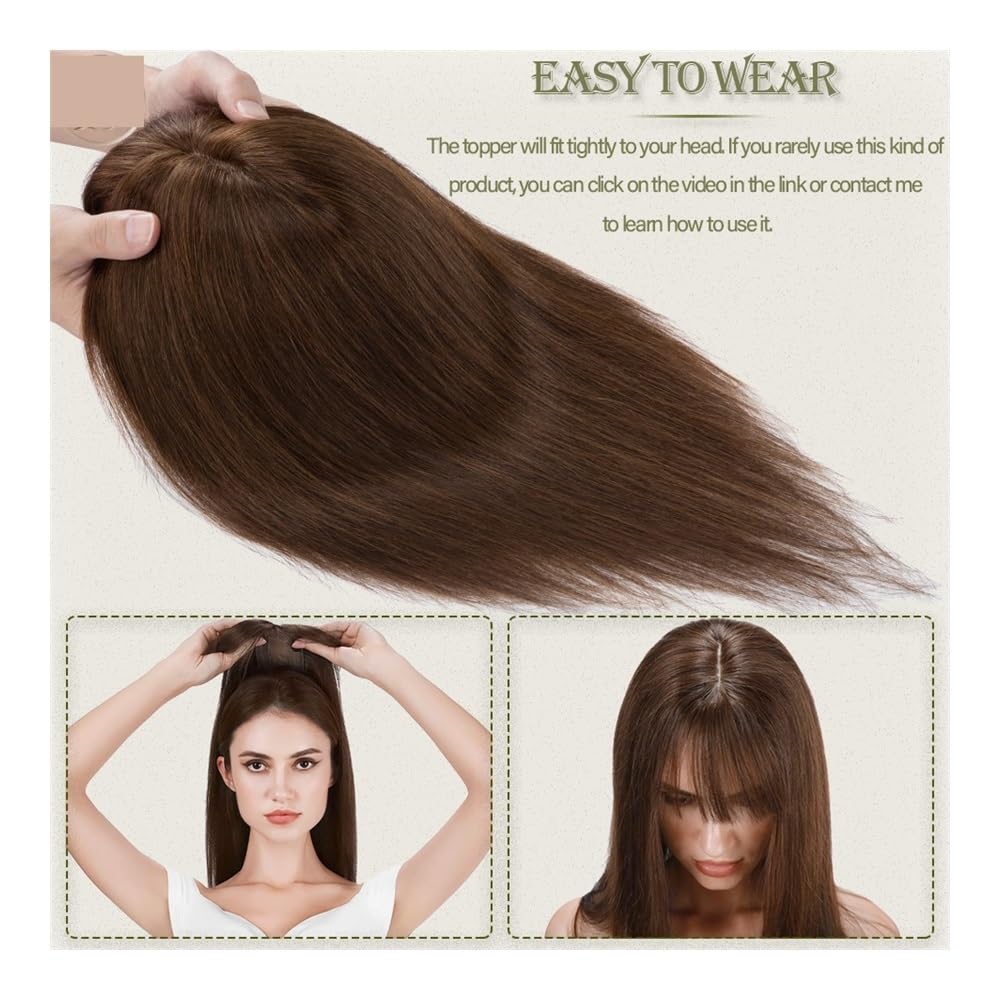 Topper for capelli umani con frangia for donna, clip for parrucche | Base 7x12,5 cm,traspirante，for capelli diradati capelli grigi donne posticci for aggiungere volume(14 inches,GREY)