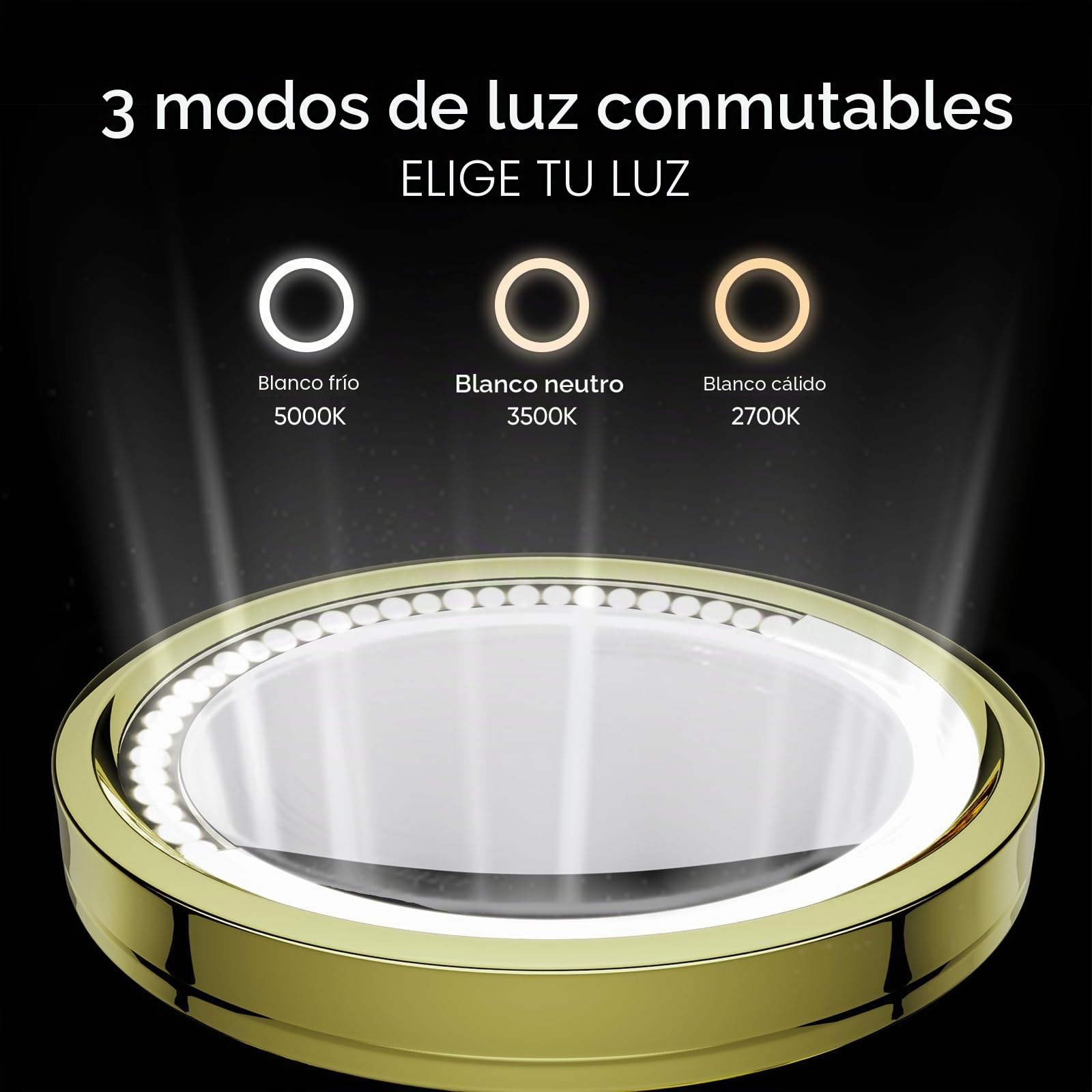 DOWRY Espejo Maquillaje con Luz x10 Espejos de Aumento de Pared Dorados Espejo Extensible Baño,Ø21.5cm