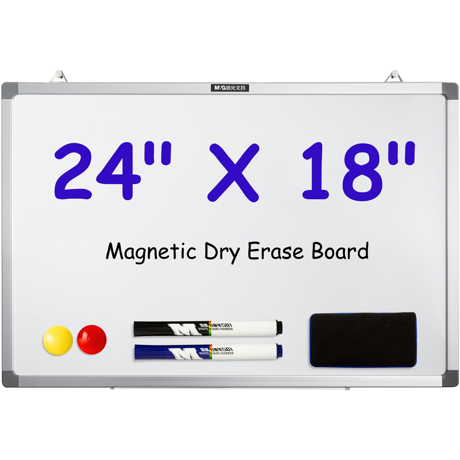 M&G Dry Erase Board Magnetic White Board for Wall, 24” x 18” Whiteboard with 2 Markers & 2 Magnets & 1 Eraser, Hanging Whiteboard with Silver Frame