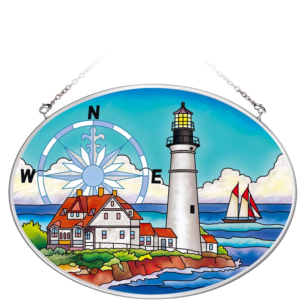 Suncatcher Stained Glass Style Portland Headlight Lighthouse Portland Head Medium Oval