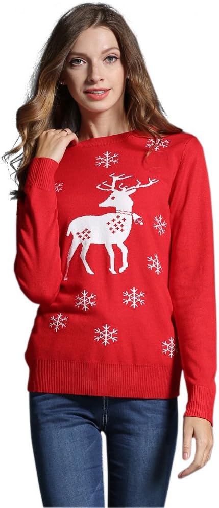 PaskyeeWomen's Ugly Reindeer Christmas Sweater Jumper, Cute Girls New Year Crew neck Knit Xmas Pullover