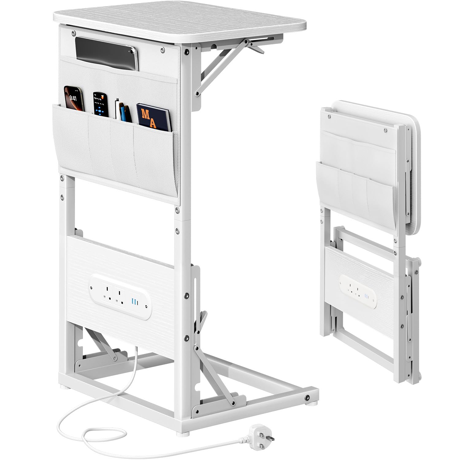 DLONGONE C-Shaped Side Table with Charging Station, Foldable End Tables
