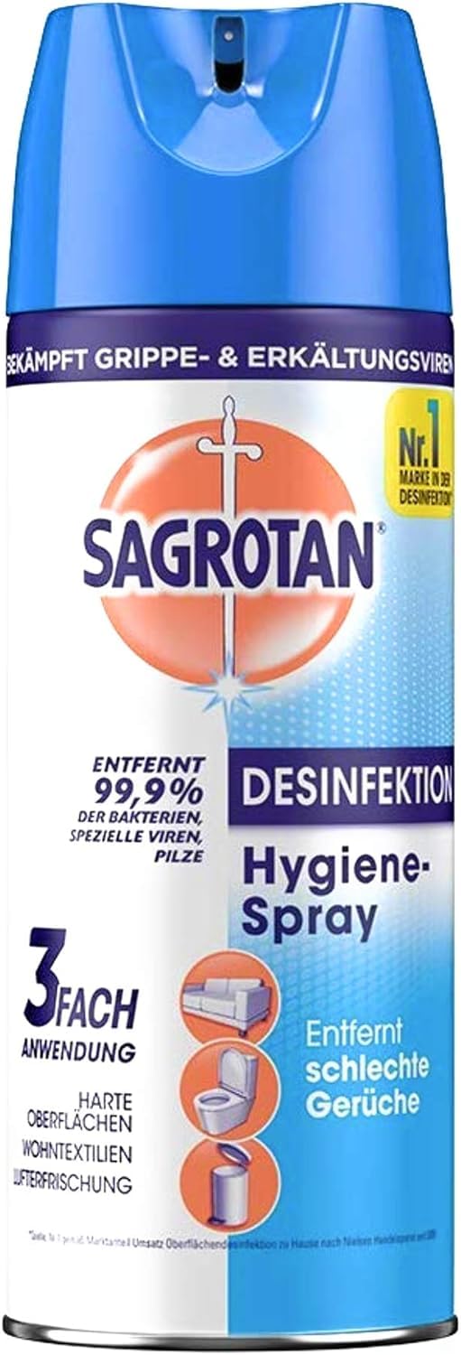 Sagrotan Hygiene-Spray (Aerosol) Desinfektionsspray (für Textilien und Oberflächen im Haushalt, Sprühflasche im praktischen Vorteilspack) 6 x 400 ml & Sagrotan WC- und Bad- Reinigungstücher, 60 Tücher