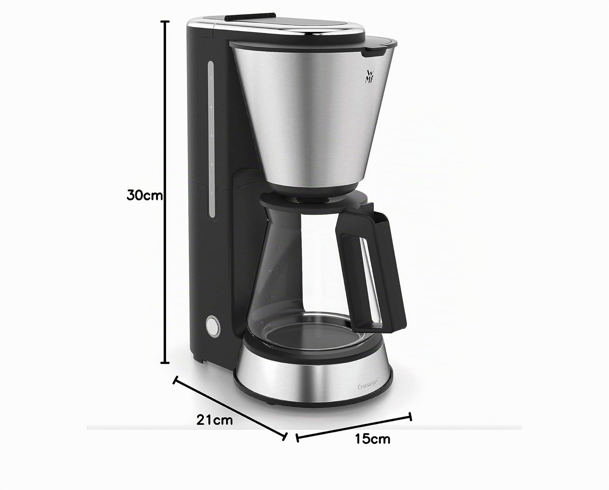 WMF Kitchenminis - Cafetera Aroma de goteo con vaso de cristal, cafetera de filtro para hasta 4 tazas de café, programa antical, indicador agua, display digital, filtro extraible, 760 W