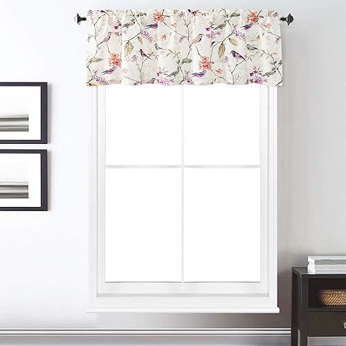 Miniatura 187 de VOGOL Cenefas con patrón de pájaros para ventanas de cocina, cenefa texturizada de lino con estampado floral y pájaros para ventanas pequeñas