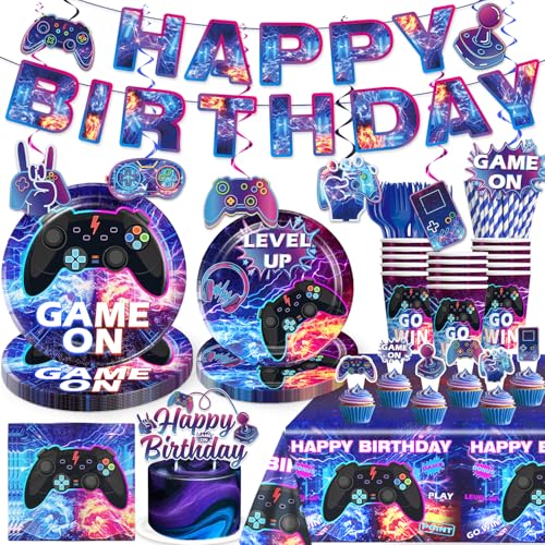 186Pcs Video Game Birthday Decorations Tableware Set Serves 25 Guests, Gamer Birthday Party Decorations Include Banner, Plates and Tablecloth, Cake Topper, Gaming Party Supplies for Boys