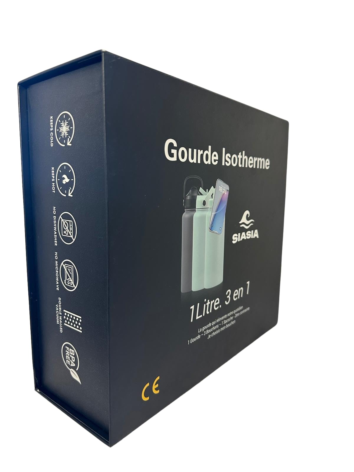 SIASIA Coffret Gourde Isotherme 1L Inox Sans BPA Support Magnétique Bleue Ciel