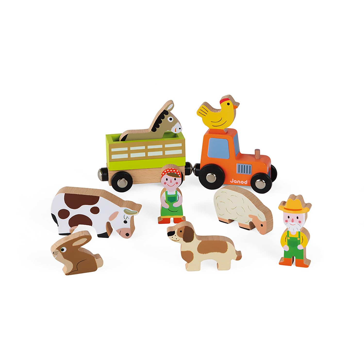 Janod - Granja de Animales Story - 10 Figuritas de Madera Animales, Personajes y Vehículos- Juguete de Imaginación - Compatible con Los Raíles Existentes En el Mercado - Desde 3 Años, J08577