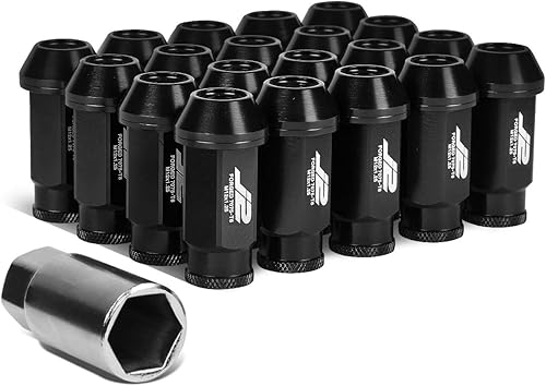 J2 Engineering - Juego de 20 tuercas de aluminio 7075 de extremo abierto M12 x 1.25 con adaptador de enchufe, negro, asiento cónico, LN-T7-004-125-BK
