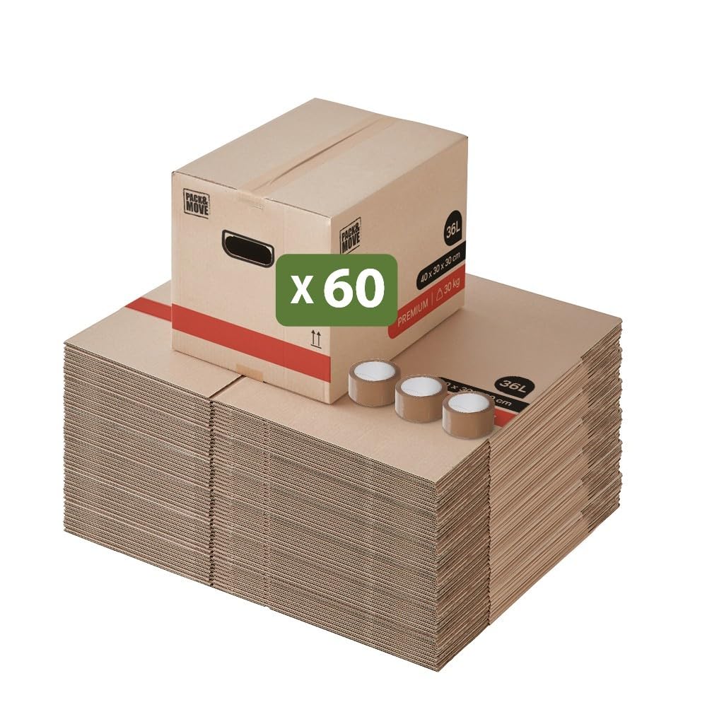 Pack and Move – Lote de 60 cajas para mover libros premium – 40 x 30 x 30 cm – Extrema resistencia 30 kg – Asas reforzadas – 3 adhesivos