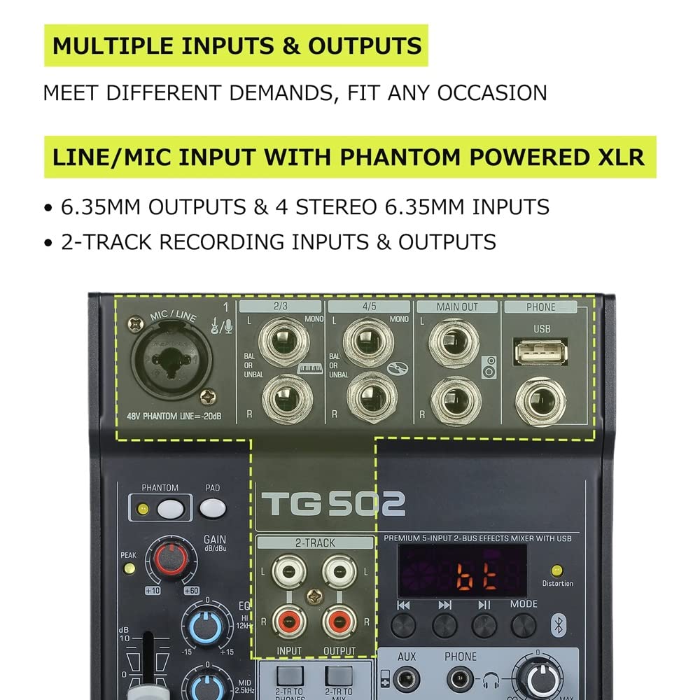 TG 502 Audio-Mischpult, 4 Kanäle, Stereo-Sound, 48 V, Phantom Power für Podcast-Streaming