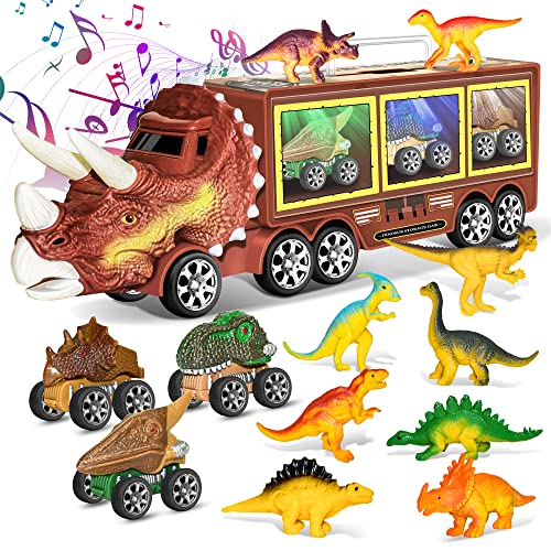Dinosaur Toys for Kids 3-10, Loncaster Dinosaur Truck Carrier with Music, Roaring Sound & Flashing Lights, 13 Pack Kids Toys Including 1 Dinosaur Truck & 3 Pull Back Dinosaur Cars & 9 Dinosaur Toys
