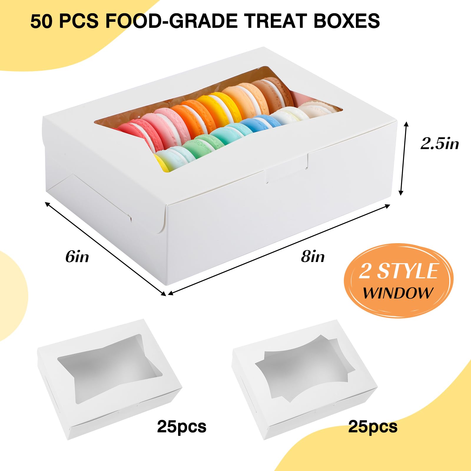 TOMNK 50 cajas de galletas con ventana, 8 x 6 x 2.5 pulgadas, cajas de panadería con ventana de 2 estilos para golosinas, fresas cubiertas de chocolate, magdalenas, donas