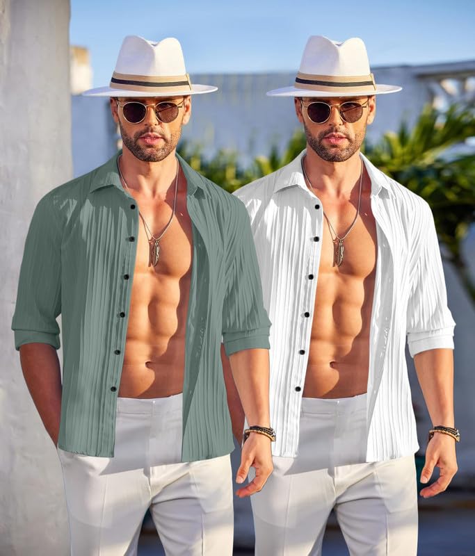 Image of FINIVO FASHION Men's Cotton Blend Shirt Set Lightweight, Full Sleeves, Plain Texture, Button Closure, Summer Ready (Pack of 2)