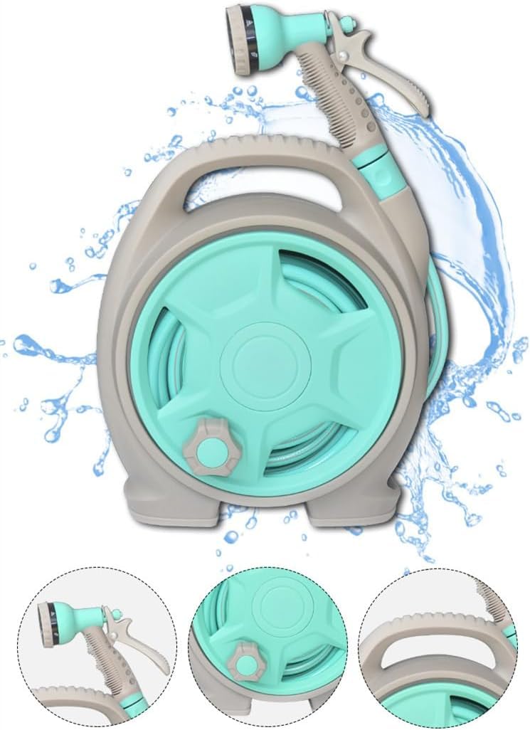 Enrouleur Tuyau de Jardin TéLescopique, 50 Pieds (15 M) Mini Ensemble Enrouleur Tuyau, Portable Mural Tuyau d'eau de Jardin avec Buse 6 Fonctions, pour Arrosage de Fleurs Lavage de Voiture (Blue)