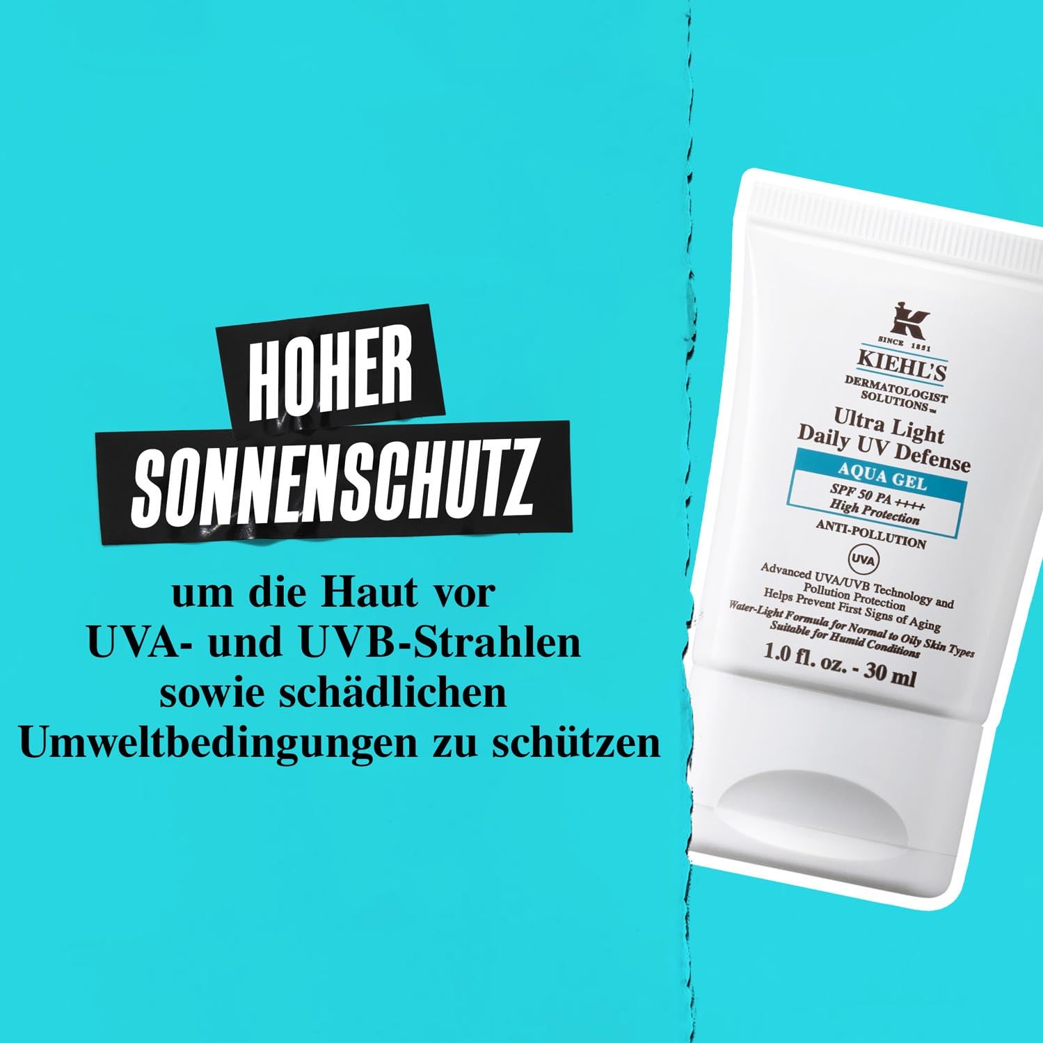 KIEHL'S Ultra Light Daily UV Defense Aqua Gel SPF 50, 30 ml, erfrischender Sonnenschutz für ölige Haut, Gesichtspflege mit Lichtschutzfaktor 50