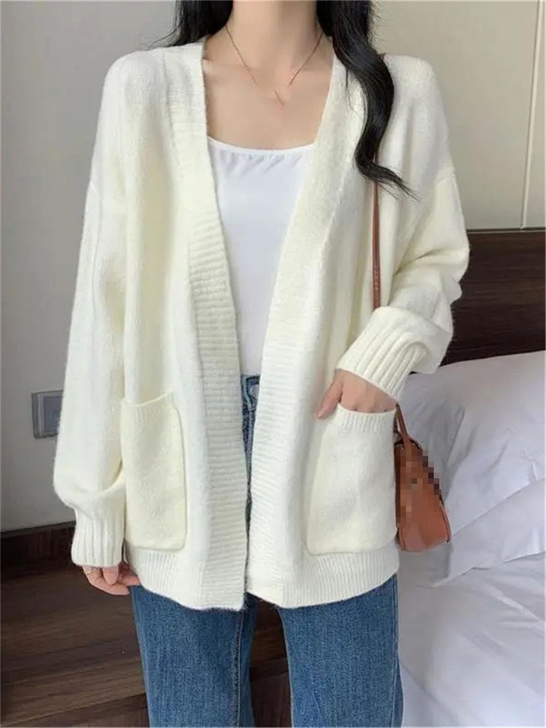 Vogrtcc Top A Maniche Lunghe in Cardigan Lavorato A Maglia con Scollo A V Ampio sul Davanti Aperto da Donna
