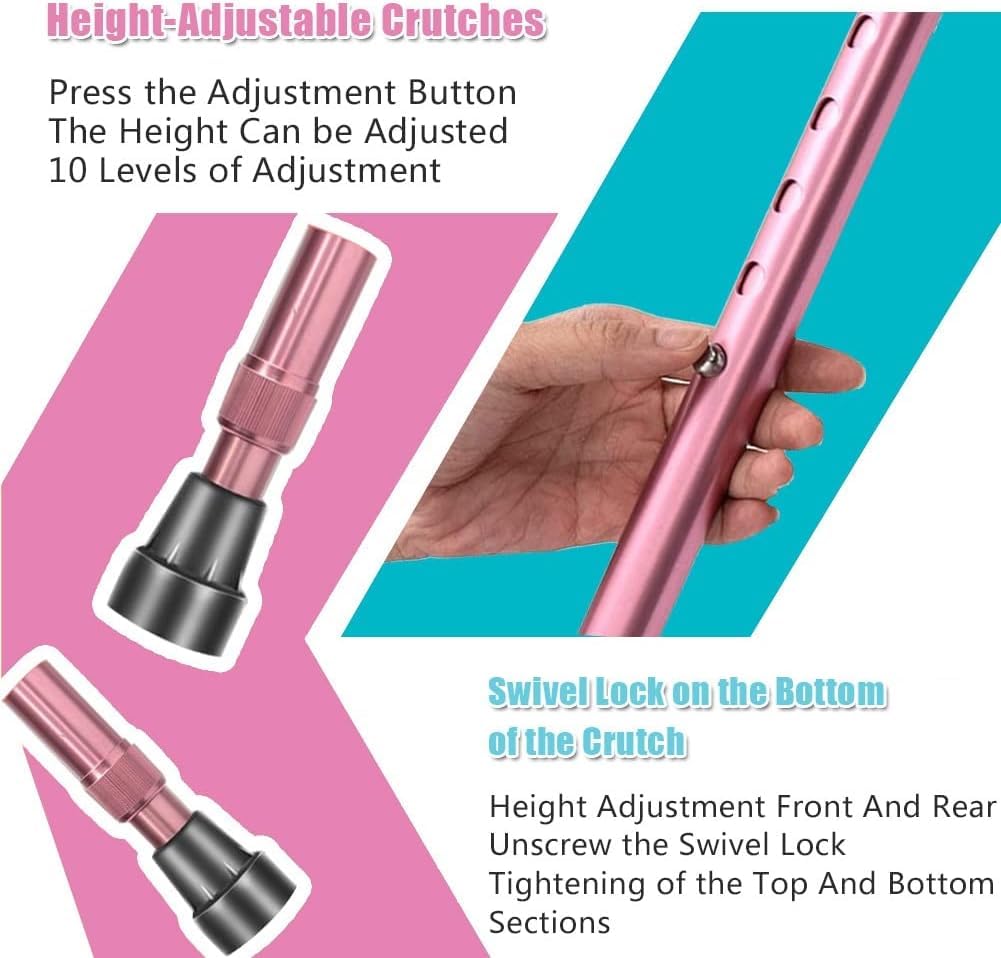 Stampelle per avambraccio pieghevoli regolabili in altezza, supporto leggero in alluminio, adatte per altezze da 4'7" a 6', 93-115 cm, 1 paio, opzioni rosa/blu disponibili