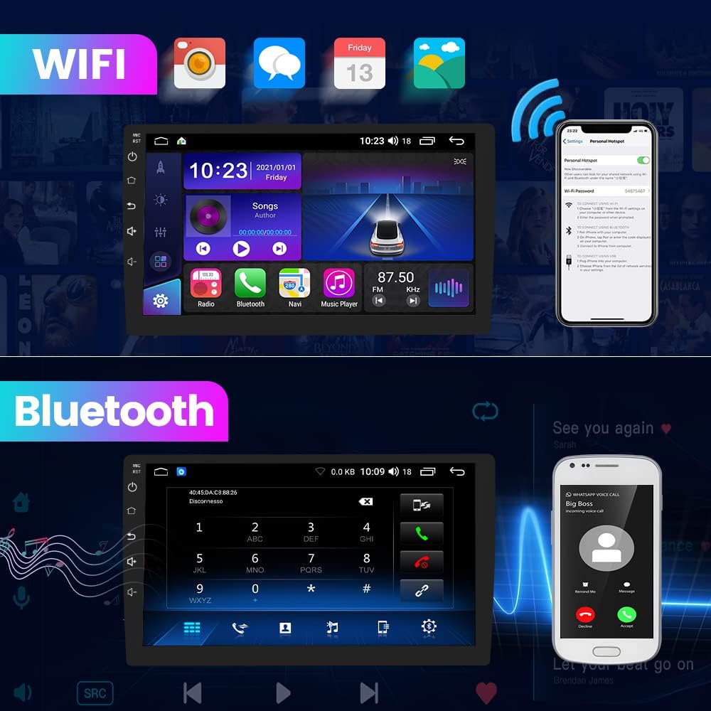 Car radio screen showing WiFi settings and Bluetooth call interface