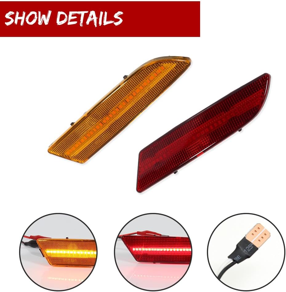 Front Amber Lens & Rear Red Lens Bumper Side Marker LED Light Compatible with 2004 2005 2006 2007 2008 Chrysler Crossfire, pack of 4