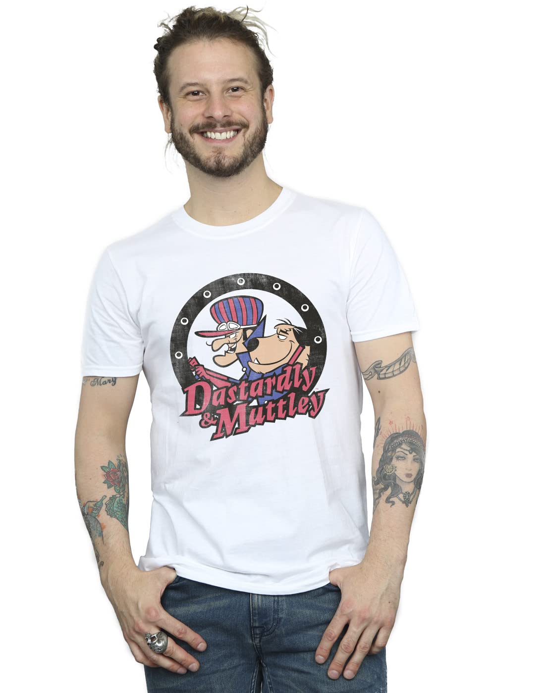 Absolute Cult Men's White Wacky Races Dastardly And Mutley Circle T-Shirt Medium