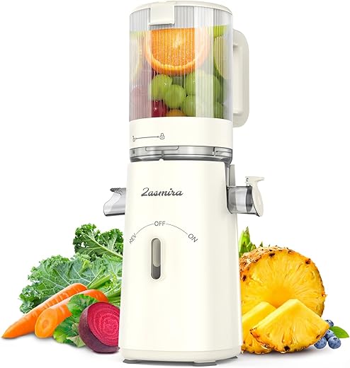 Cold Press Juicer, Zasmira Juicer Machines with Large Feeding Chute, Powerful Slow Juicer with Pulp Seperation, 99.6% Juice Purity, Easy to Clean, White