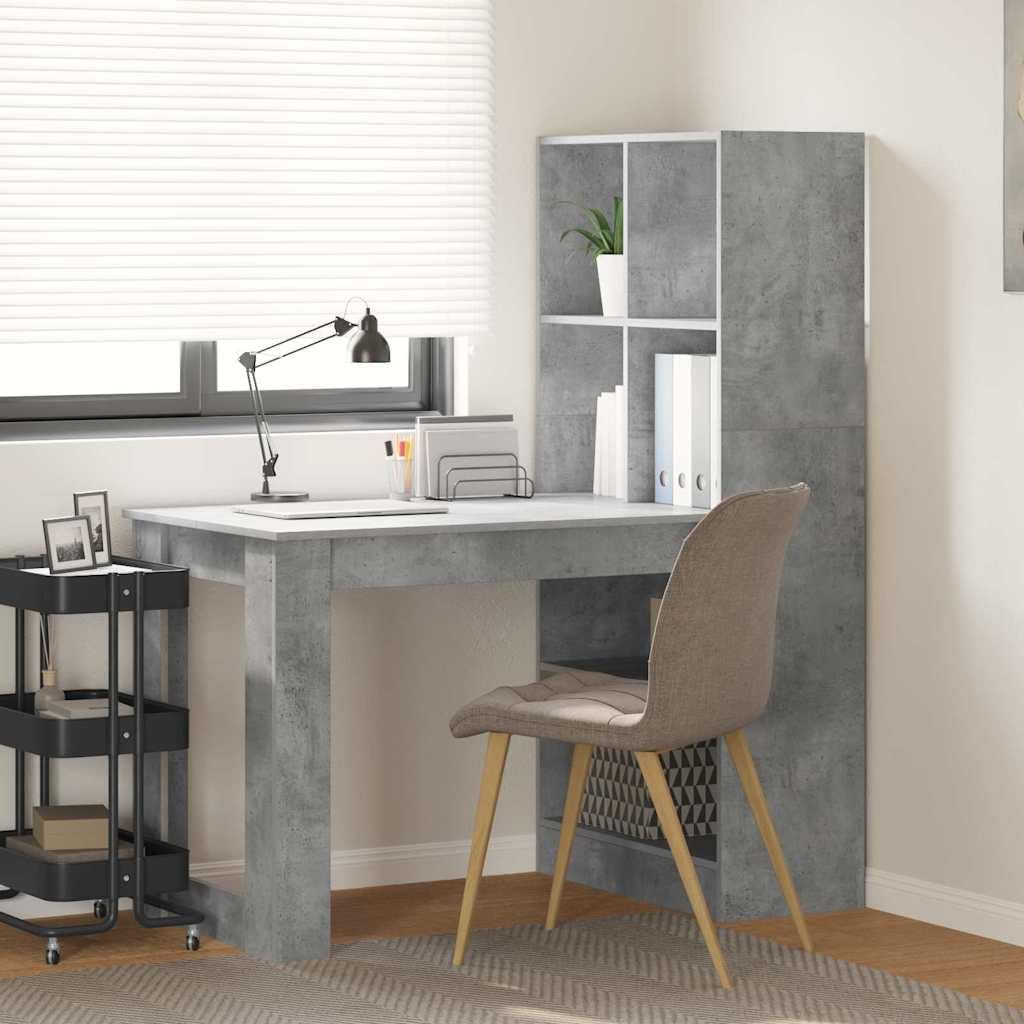Bureau informatique moderne en bois gris béton avec étagères de rangement