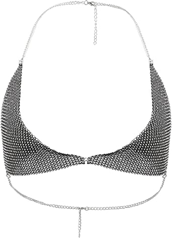 PURFUN Sparkly Metal Rhinestone Crop Top Women Halter Neck Triangle Bra Body Chain Raves Beach Pool Party Bikini Top Cover Up
