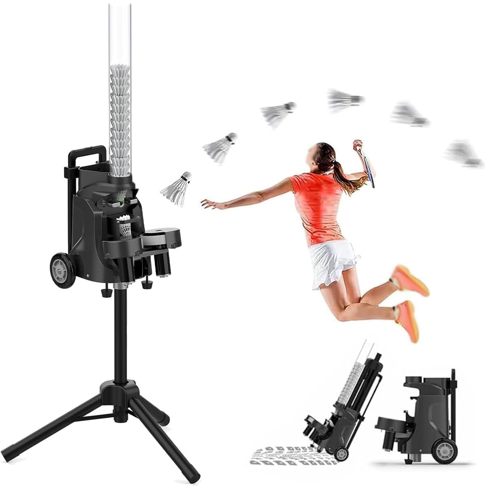 Máquina automática portátil de bádminton, lanzador de volante para entrenamiento en solitario, principiantes, profesionales, entrenadores, gimnasio y práctica diaria en la escuela