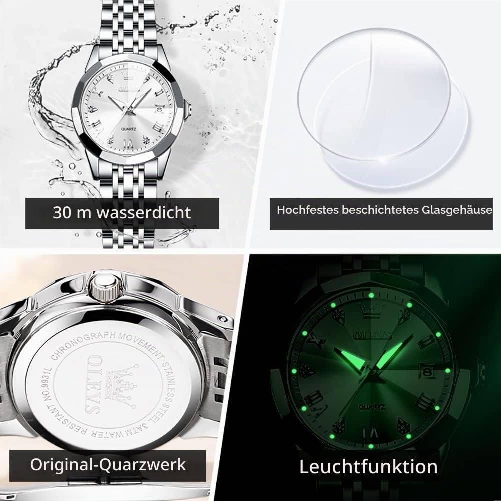 OLEVS Damen Uhr Quarzuhr mit Diamant Edelstahlarmband Wasserdicht Datumsanzeige Elegante Damenuhr für Frauen Geschenke zum Muttertag