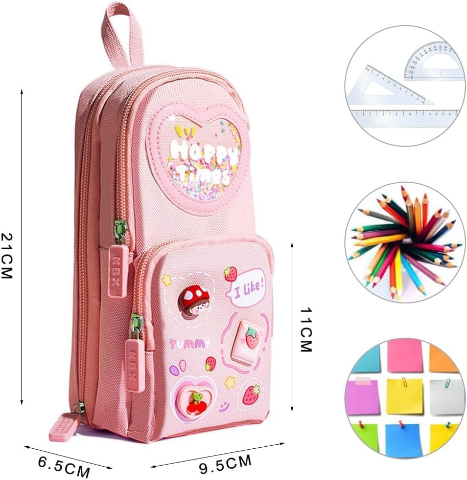 Image of Kawaii Cute Aesthetic Pencil Case for Students | Large Capacity Multi-Pocket Pencil Pouch with Zipper | Cartoon Stationery Organizer Bag for School, College & Office Supplies (Happy Time - Pink)