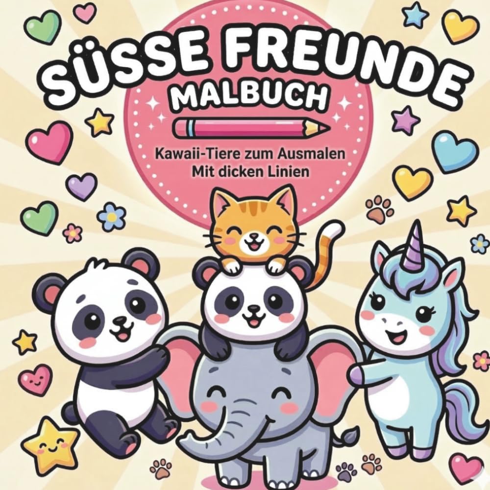 Süße Freunde Malbuch: Kawaii-Tiere zum Ausmalen mit dicken Linien für Kinder und Erwachsene