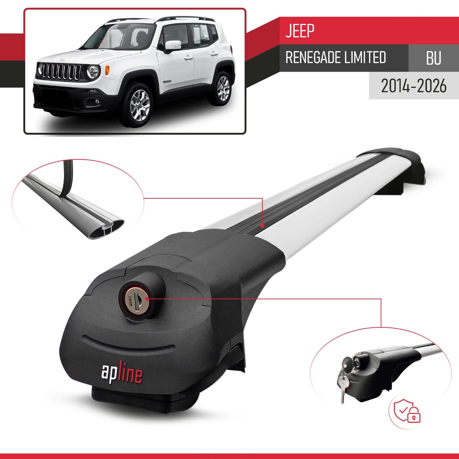Compatibile con Jeep Renegade Limited (BU) 2014-2026 Modello ACE-1 Barre Tetto Portapacchi Auto Barre Portatutto Grigio Alluminio 2 Barre