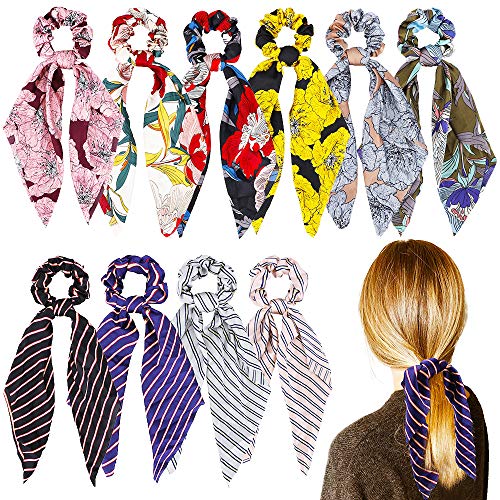 Habbi Satin Scarf Hair Scrunchies, 10 Pcs Floral Scarves Hair Ties Elastic Hair Bands, Silk Ponytail Holder Vintage Bowknot for Women Girls
