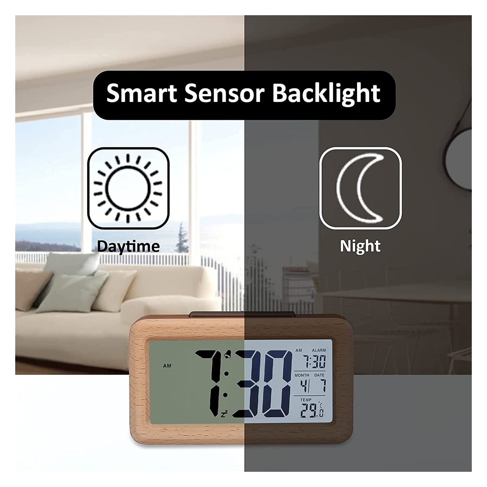 WTL Despertador Reloj de alarma digital de madera, grande DIRIGIÓ Mostrar reloj de alarma de grano de madera, sensor inteligente Luz de noche, snooze y temperatura, Operado por batería, Reloj desperta
