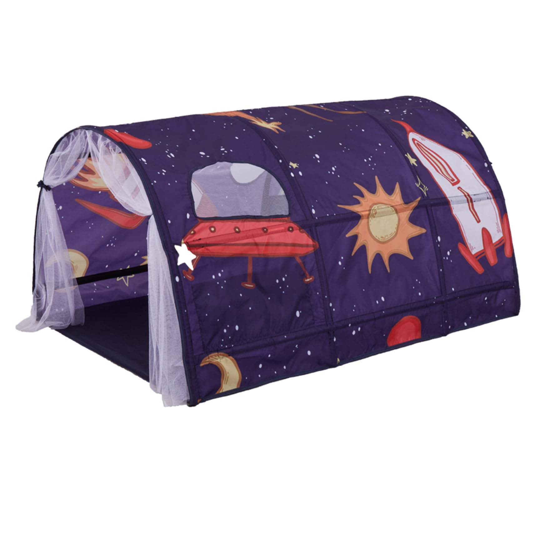 Bed Tent for Children Play Tents Pop Up Play Tunnel Rocket Space Galaxy Starry Sky Bed Tunnel Portable Indoor Kids Tent with Net Curtain and Carry Bag