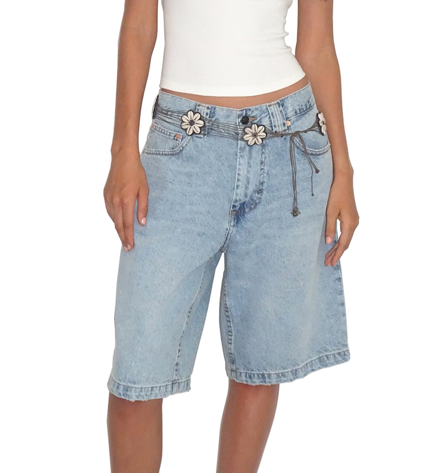 XUSAI Pantalones Cortos Vaqueros Desgastados Holgados para Mujer, Bermudas Elásticas De Talle Bajo, Pantalones Cortos Largos, Pantalones Cortos Vaqueros Informales De Verano