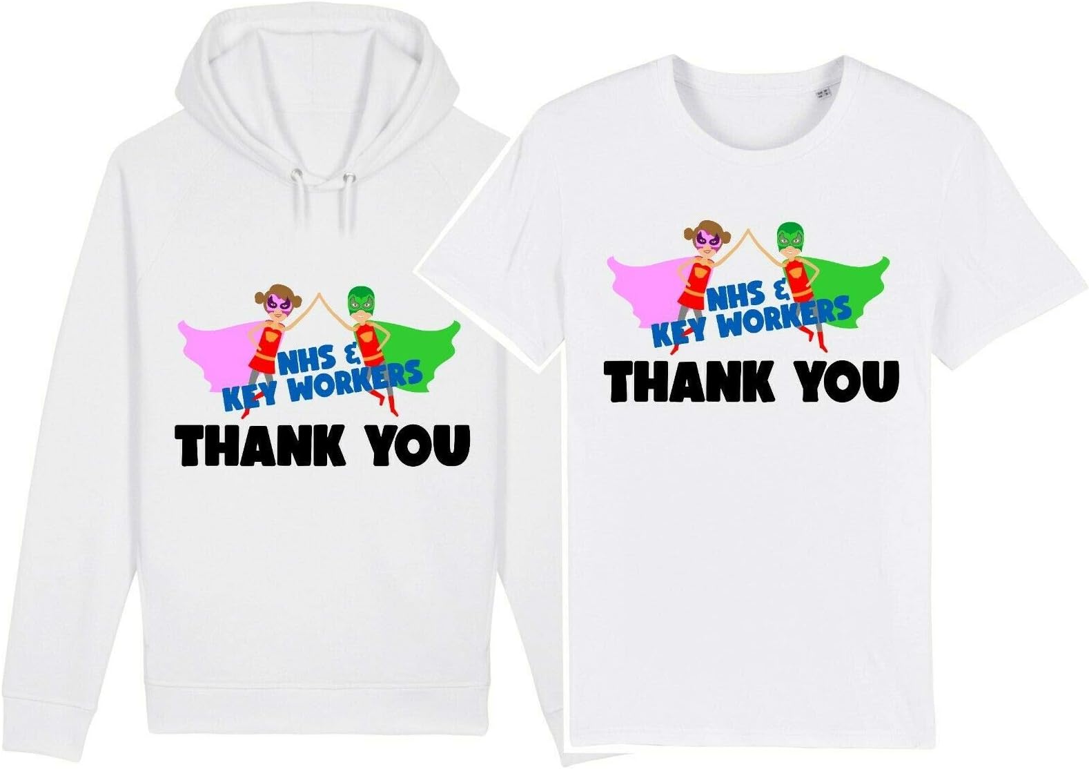 Thank You NHS & Key Workers Superhero Support T-Shirt Hoodie Doctor Nurse Carer, Kids 5/6 Yrs, White
