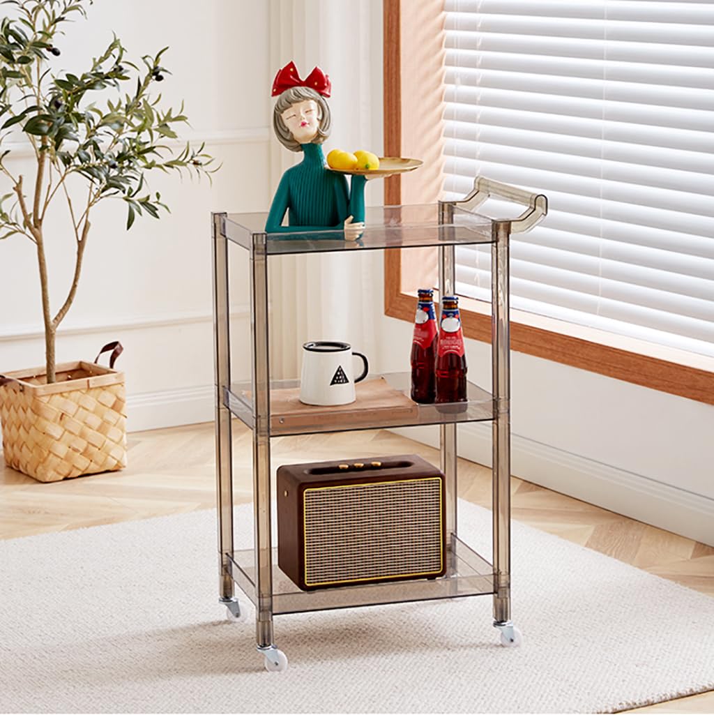 Carrello a 3 livelli in acrilico con manico e 4 ruote, trasparente, per cucina, soggiorno, sala da pranzo, lavanderia, salvaspazio, multifunzione, 75 cm di altezza, grigio
