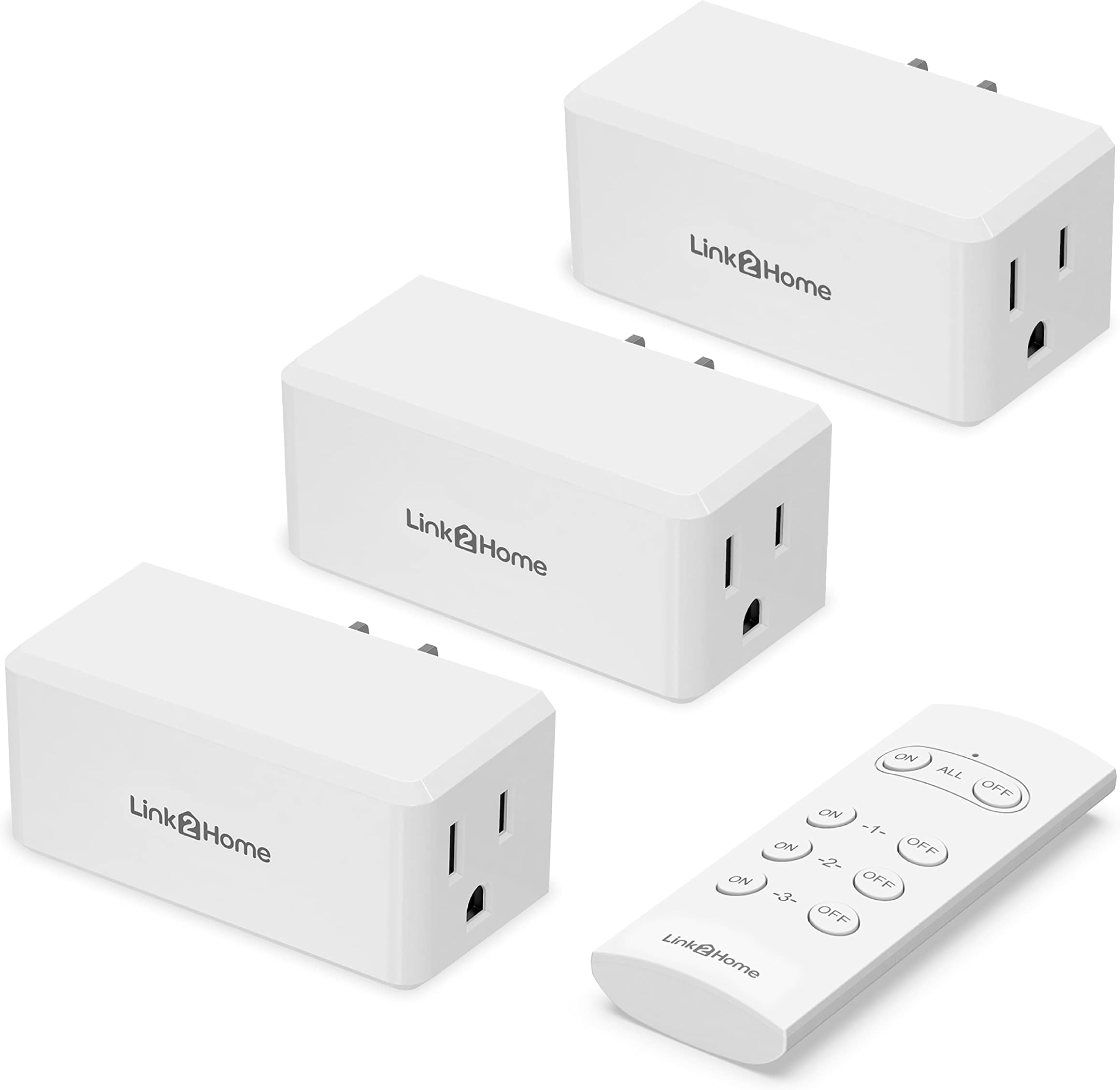 Link2Home Wireless Remote Control Outlet Light Switch, 100 ft range, Unlimited Connections. Compact Side Plug. Switch ON/OFF Household Appliances. FCC CSA Certified, White (3 Outlets, 1 Remote).