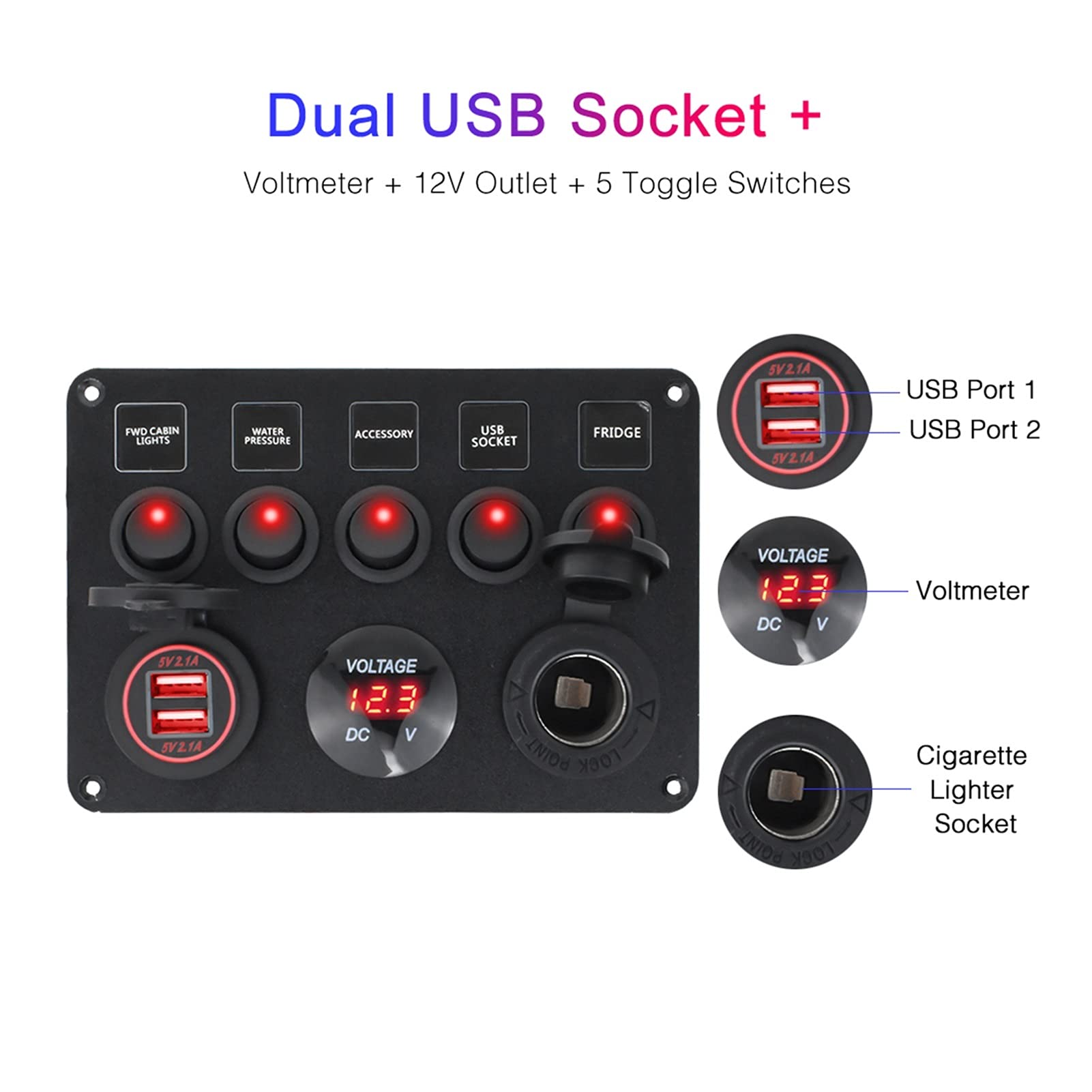 INEOUT Barca marina for auto da 5 Gang 12V GUIDATO Voltmetro digitale del circuito impermeabile del pannello dell'interruttore del rocker Dual USB Adattatori for caricabatterie da auto portuali (Colo