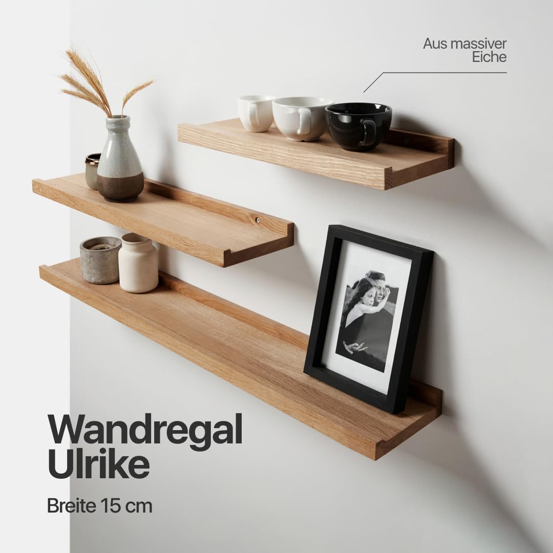 BestLoft.de Bilderleiste Holzregal Wand Regal Bilderleiste Eiche Floating Shelf Flur Regal Holz Deko Wand Wandregal Holz massiv (Eiche Hell, Breite: 60cm / Tiefe: 15cm)
