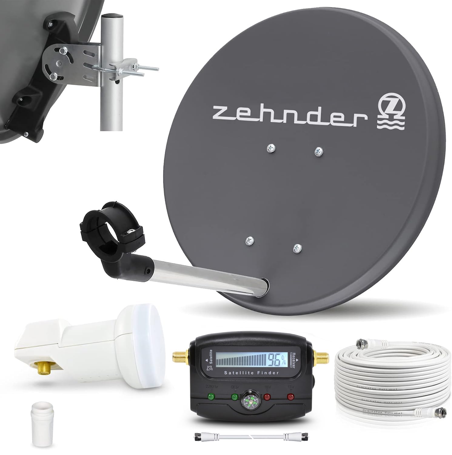 Digitale Camping Sat Anlage Spiegel 40 cm Single LNB 0,1 dB + Koaxialkabel 10m Kabel Sat Finder Balkon Caravan Mobil Schüssel Antenne für HDTV HD Sky 3D 4K